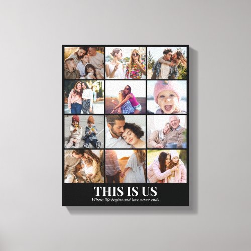 Custom Photo Collage 12 Pictures Grid 11x14 Black Canvas Print