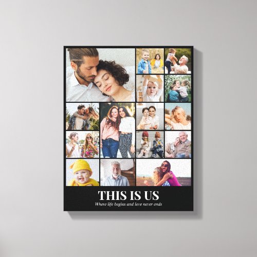 Custom Photo Collage 15 Pictures Grid 11x14 Black Canvas Print