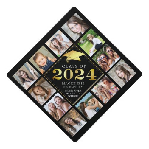Custom Photo Collage 2023 Black Gold Personalized Graduation Cap Topper