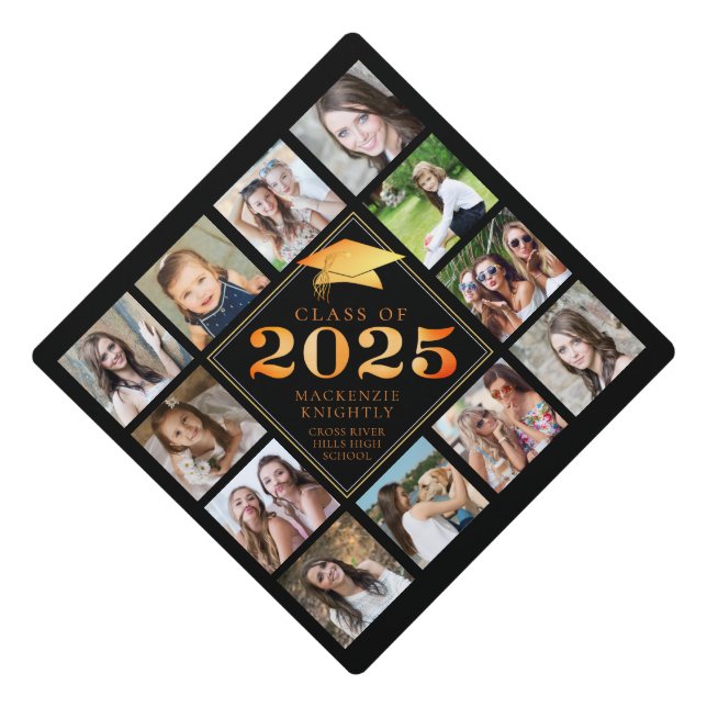 Custom Photo Collage 2024 Black Personalized Graduation Cap Topper (Front)
