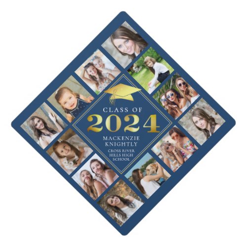 Custom Photo Collage 2024 Blue Gold Personalized Graduation Cap Topper