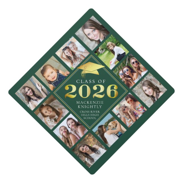 Custom Photo Collage 2024 Green Gold Personalized Graduation Cap Topper (Front)