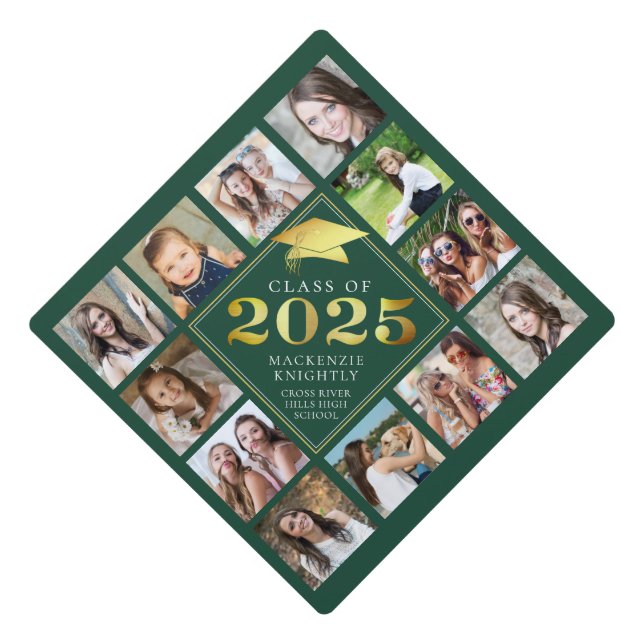Custom Photo Collage 2024 Green Gold Personalized Graduation Cap Topper (Front)