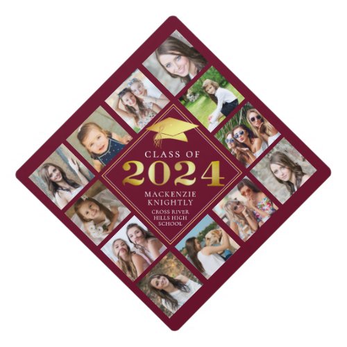 Custom Photo Collage 2024 Maroon Gold Personalized Graduation Cap Topper