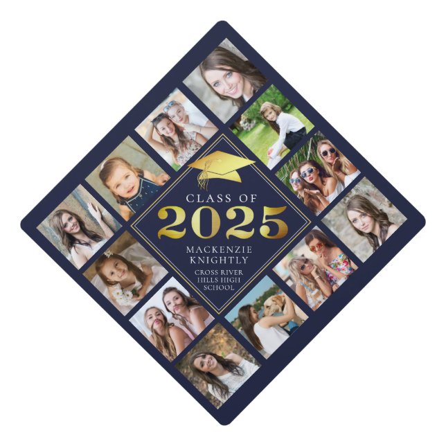 Custom Photo Collage 2024 Navy Gold Personalized Graduation Cap Topper (Front)