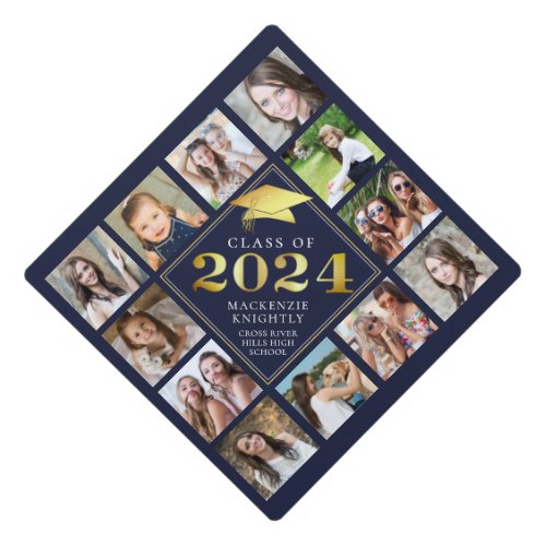 Custom Photo Collage 2024 Navy Gold Personalized Graduation Cap Topper