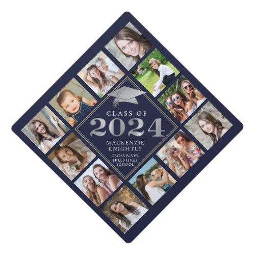 Custom Photo Collage 2024 Navy Silver Personalized Graduation Cap Topper