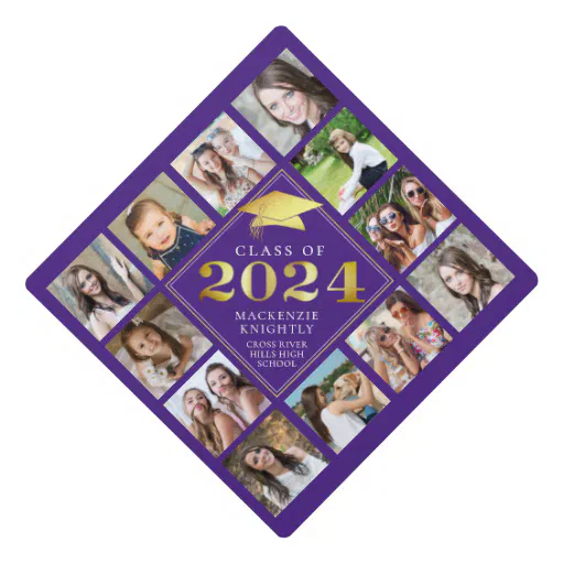 Custom Photo Collage 2024 Purple Gold Personalized Graduation Cap Topper