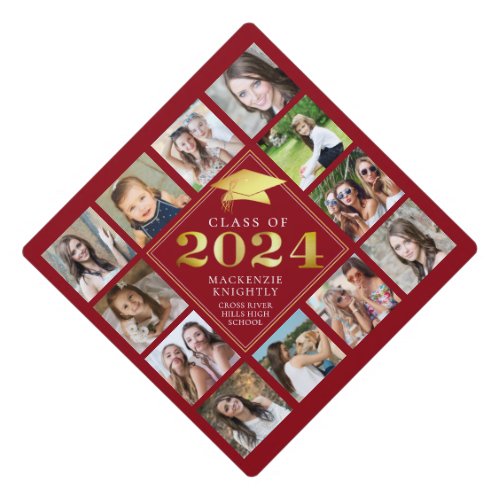 Custom Photo Collage 2024 Red Gold Personalized Graduation Cap Topper