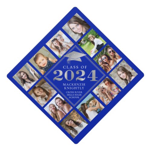 Custom Photo Collage 2024 Royal Blue Personalized Graduation Cap Topper