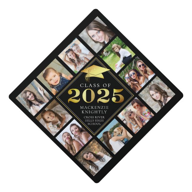 Custom Photo Collage 2025 Black Gold Personalized Graduation Cap Topper (Front)