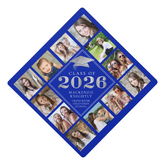 Custom Photo Collage 2026 Royal Blue Personalized Graduation Cap Topper (Front)