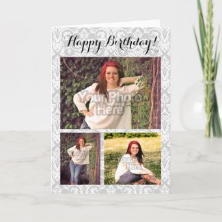 Custom Photo Collage 3 Picture Damask Birthday Card