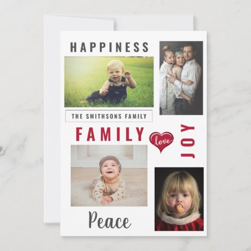 Custom Photo Collage and Love Joy Peace Family Holiday Card