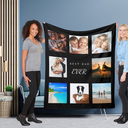 Custom photo collage best dad ever black fleece blanket