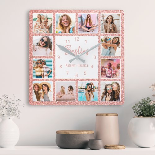 Custom Photo Collage Besties Blush Pink Glitter Square Wall Clock