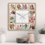 Custom Photo Collage Besties Gold Glitter Square Wall Clock<br><div class="desc">Make this trendy elegant white and gold faux glitter photo collage wall clock unique with 12 of your favorite photos with your best friend(s). The design also features modern handwritten "Besties" script,  your names and the date you met.</div>