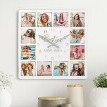 Custom Photo Collage Besties Gold White Square Wall Clock<br><div class="desc">Make this trendy elegant white and gold photo collage wall clock unique with 12 of your favorite photos with your best friend(s). The design also features modern handwritten "Besties" script and your names.</div>