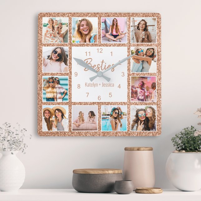 Custom Photo Collage Besties Rose Gold Glitter Square Wall Clock (Creator Uploaded)