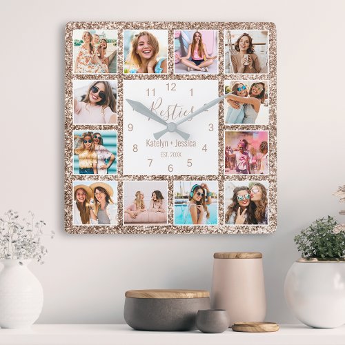 Custom Photo Collage Besties Rose Gold Glitter Square Wall Clock