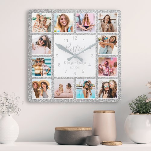 Custom Photo Collage Besties Silver Glitter Glam Square Wall Clock