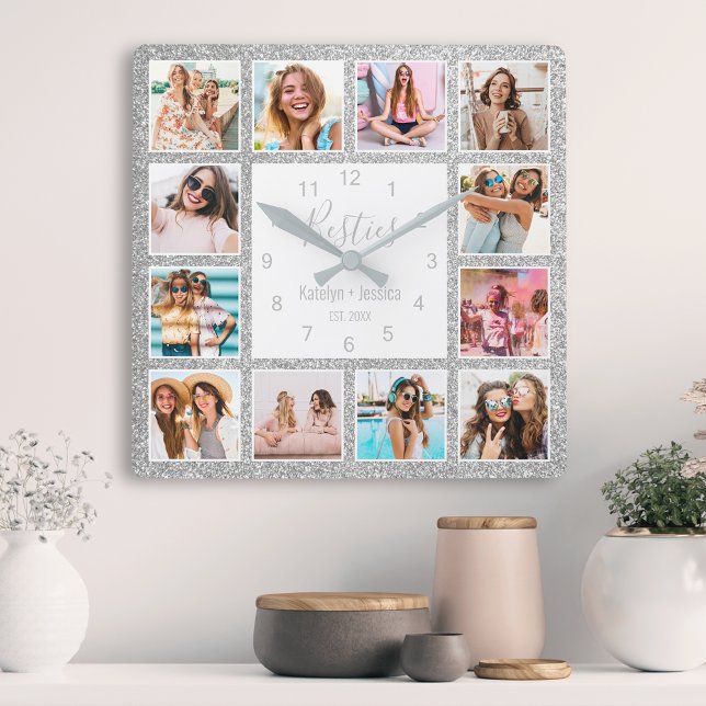 Custom Photo Collage Besties Silver Glitter Glam Square Wall Clock (Creator Uploaded)