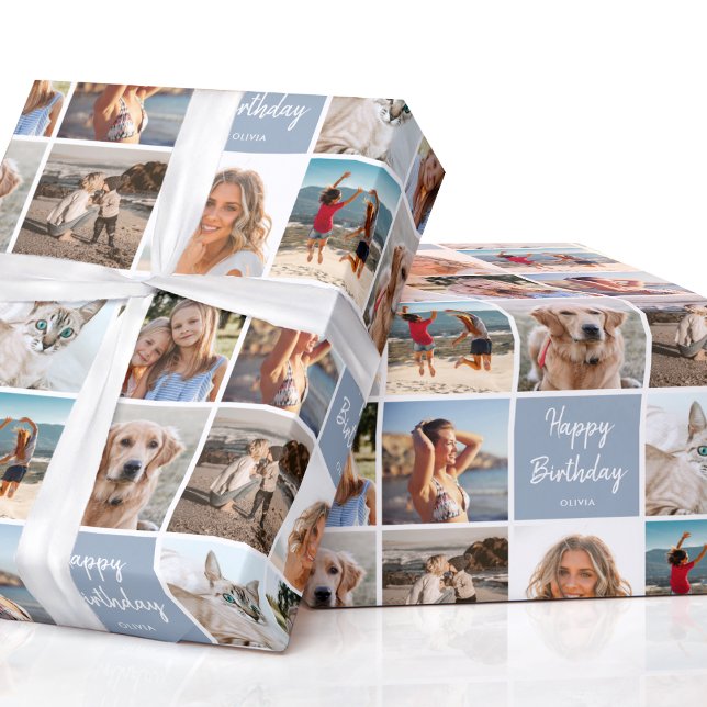Custom Photo Collage Birthday Modern Blue Gray Wrapping Paper (Creator Uploaded)