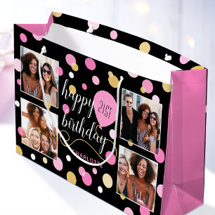 Custom Photo Collage Birthday Pink 21st Large Gift Bag