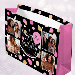 Custom Photo Collage Birthday Pink Large Gift Bag