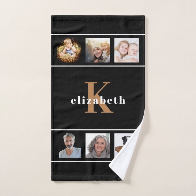 Custom photo collage black gold monogram modern hand towel  (Hand Towel)