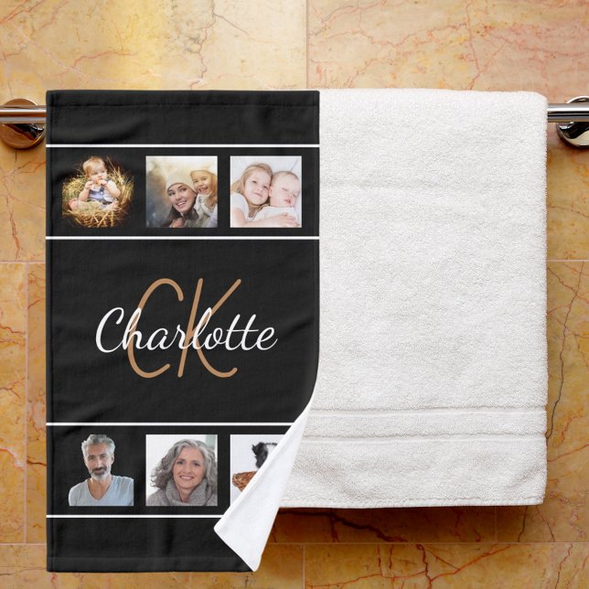 Custom photo collage black gold monogram script hand towel  (Creator Uploaded)
