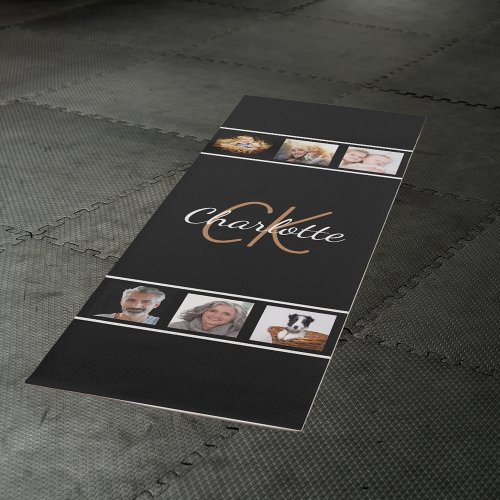 Custom photo collage black gold monogram script yoga mat