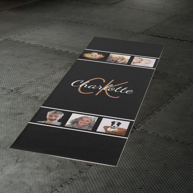 Custom photo collage black gold monogram script yoga mat (Creator Uploaded)