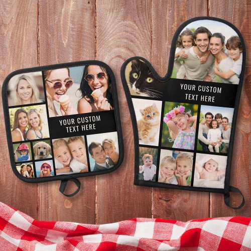 Custom Photo Collage Black Oven Mitt  Pot Holder Set