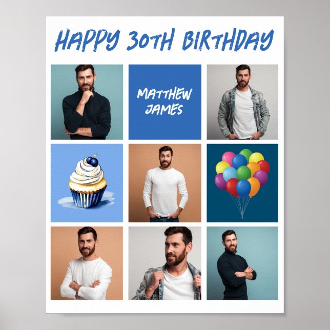 Custom Photo Collage Blue Birthday Party Poster (Front)