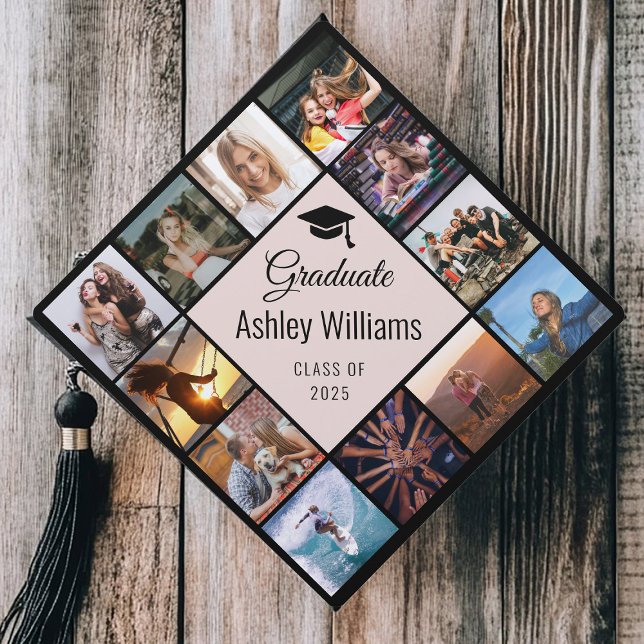 Custom Photo Collage Blush Pink Cute Script Graduation Cap Topper (A decorated graduation cap with "Graduate" and custom text. Surrounding images show joyful moments)