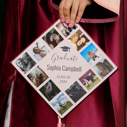 Custom Photo Collage Blush Pink Trendy Cute Script Graduation Cap Topper