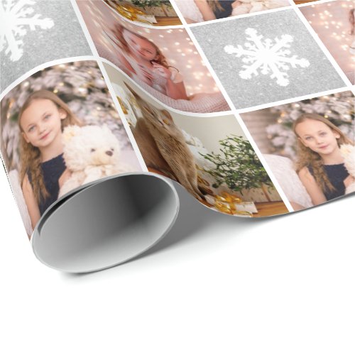 Custom Photo Collage Christmas Silver Snowflakes Wrapping Paper