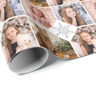 Custom Photo Collage Christmas Silver Snowflakes Wrapping Paper