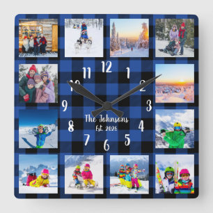 Custom Photo Collage Country Blue Buffalo Plaid Square Wall Clock