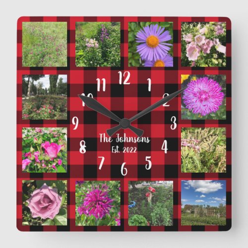 Custom Photo Collage Country Red Buffalo Plaid Square Wall Clock