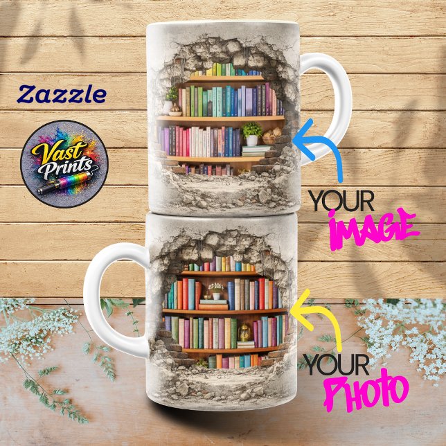 Custom Photo Collage Cracked Wall Bookshelf Two-Tone Coffee Mug (Custom Photo Collage Cracked Wall Bookshelf Two-Tone Coffee Mug)