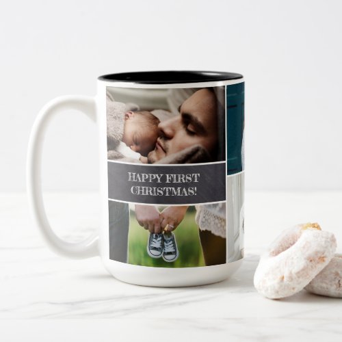 Custom Photo Collage Dad Happy First Christmas Two_Tone Coffee Mug