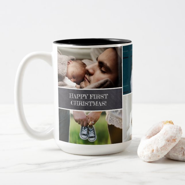 Custom Photo Collage Dad Happy First Christmas Two-Tone Coffee Mug (With Donut)