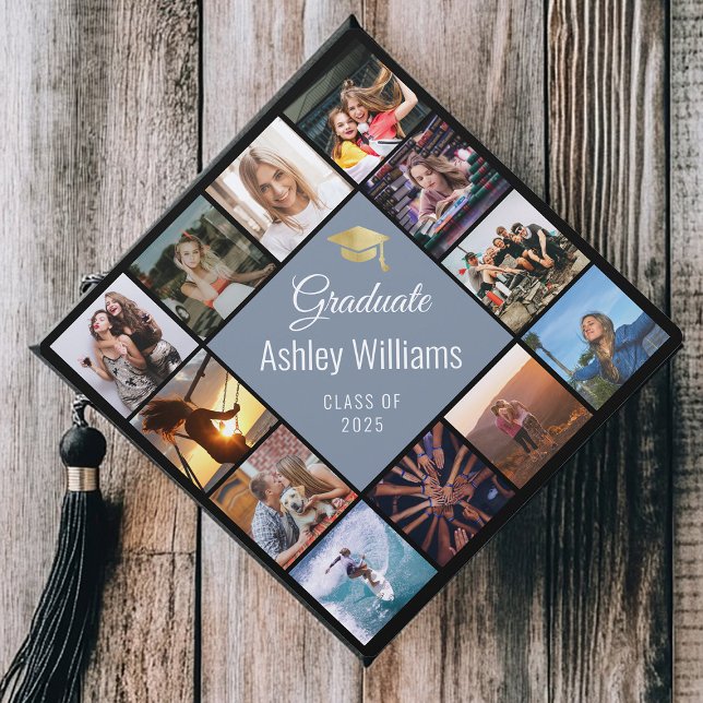 Custom Photo Collage Dusty Blue Gold Script Graduation Cap Topper (Graduation cap with dusty blue design and white script, surrounded by diverse joyful photos)