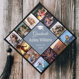 Custom Photo Collage Dusty Blue Trendy Cute Script Graduation Cap Topper