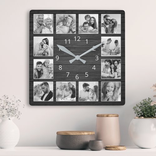 Custom Photo Collage Elegant Black Wood Family Square Wall Clock