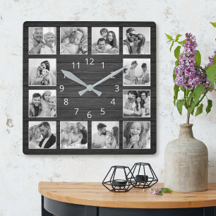 Custom Photo Collage Elegant Black Wood Family Square Wall Clock