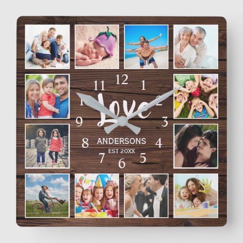 Custom Photo Collage Family Love Dark Wood Square Wall Clock