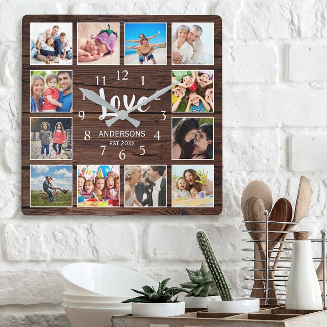 Custom Photo Collage Family Love Dark Wood Square Wall Clock (Creator Uploaded)